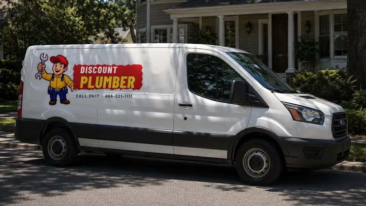 Discount Plumber van parked outside a customer's home